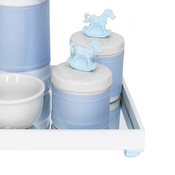 Kit Higiene Espelho Potes, Garrafa, Molhadeira e Capa Cavalinho Azul
