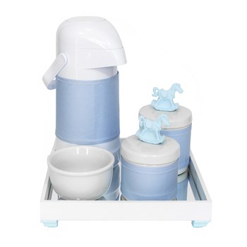 Kit Higiene Espelho Potes, Garrafa, Molhadeira e Capa Cavalinho Azul