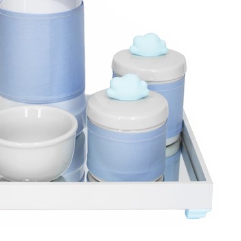Kit Higiene Espelho Potes, Garrafa, Molhadeira e Capa Nuvem Azul