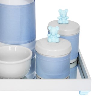 Kit Higiene Espelho Potes, Garrafa, Molhadeira e Capa Ursinho Azul
