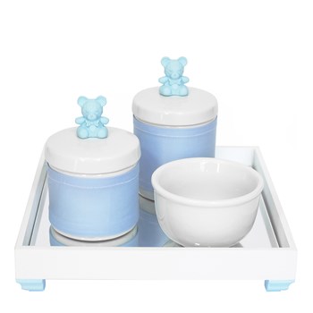 Kit Higiene Espelho Potes, Molhadeira e Capa Ursinho Azul