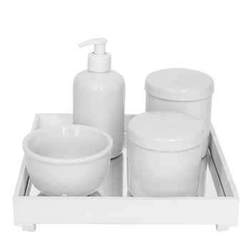 Kit Higiene Espelho Potes, Molhadeira e Porta Álcool-Gel Branco