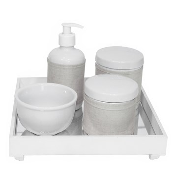 Kit Higiene Espelho Potes, Molhadeira, Porta Álcool-Gel e Capa Branco