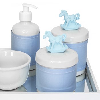 Kit Higiene Espelho Potes, Molhadeira, Porta Álcool-Gel e Capa Cavalinho Azul