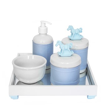 Kit Higiene Espelho Potes, Molhadeira, Porta Álcool-Gel e Capa Cavalinho Azul