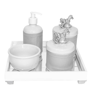 Kit Higiene Espelho Potes, Molhadeira, Porta Álcool-Gel e Capa Cavalinho Prata
