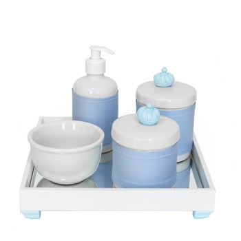 Kit Higiene Espelho Potes, Molhadeira, Porta Álcool-Gel e Capa Coroa Azul