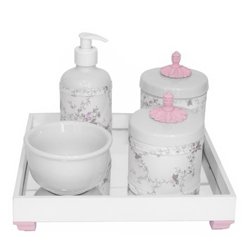 Kit Higiene Espelho Potes, Molhadeira, Porta Álcool-Gel e Capa Provençal Rosa