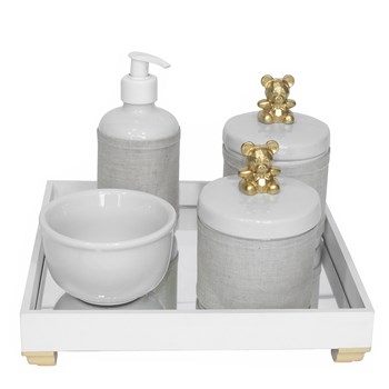 Kit Higiene Espelho Potes, Molhadeira, Porta Álcool-Gel e Capa Ursinho Dourado