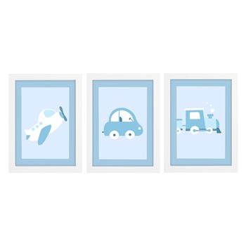 Trio De Quadros Branco Com Vidro Meio de Transportes Azul